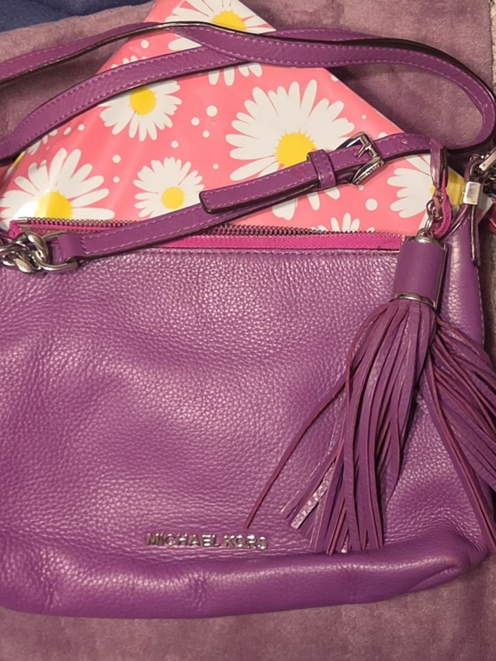 Michael Kors Purple Pebbled Leather Tassel Shoulder Bag with Floral Lining
